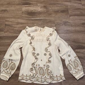 Zara Women’s Size XS Boho Embroidered Cream Long sleeve Blouse Ruffles